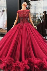 Burgundy Tulle Prom Dress Ball Gown, Beaded Long Formal Evening Gown